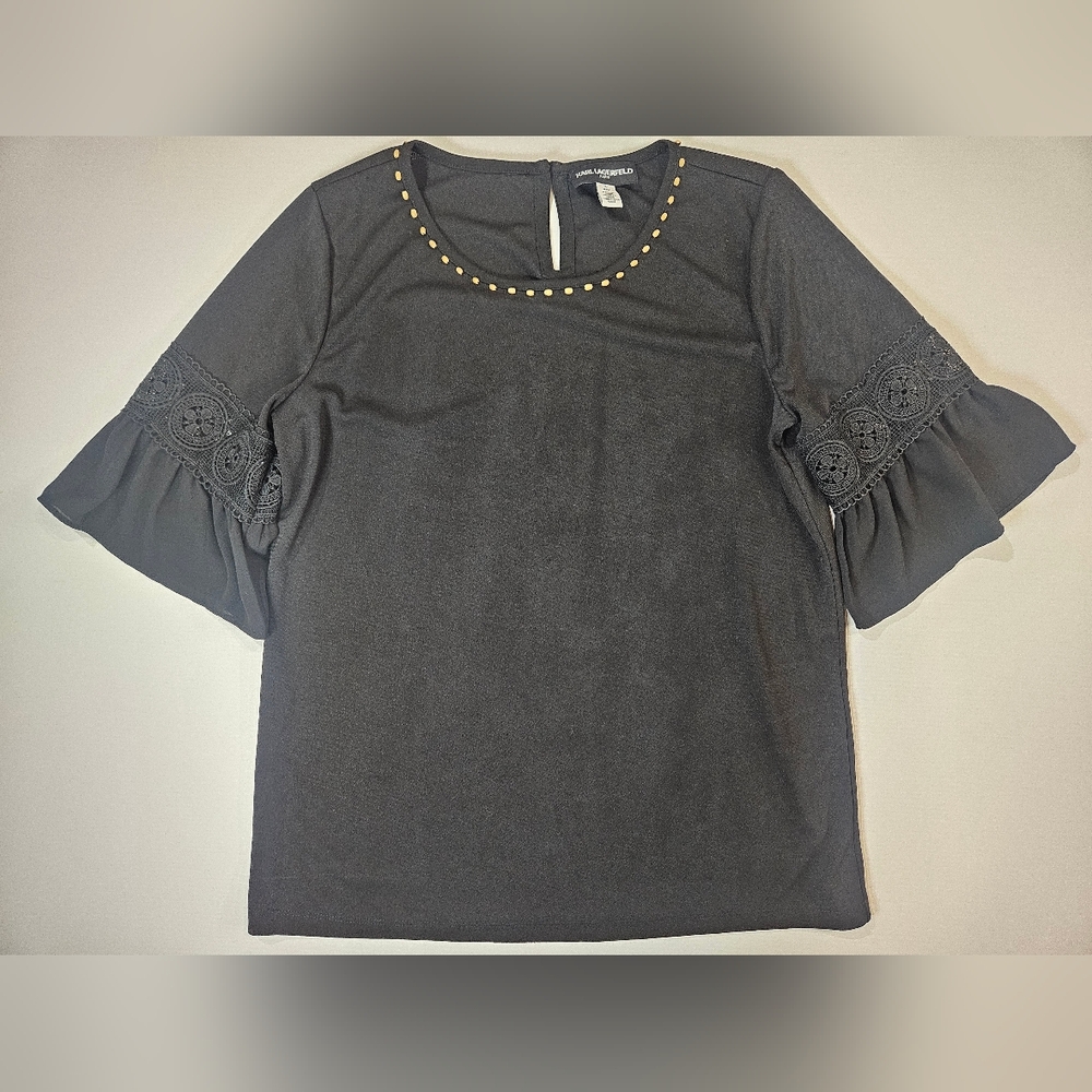 Karl Lagerfeld Top Womens Medium Black Shell Neck Whimsy Goth Coastal Blouse